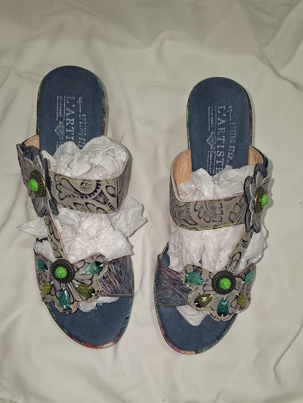 Spring Step L'ARTISTE Green Floral Embellished Women's Slide Sandals